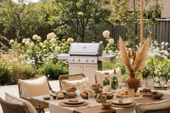 Rustige babyborrel in een tuin met gedekte tafel, hapjes en een barbecue op afstand van de kinderwagen.