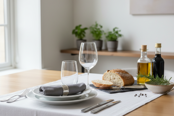 Een kok bereidt een privé diner in een rustige gezinskeuken met een gedekte tafel en een kinderstoel op de achtergrond.
